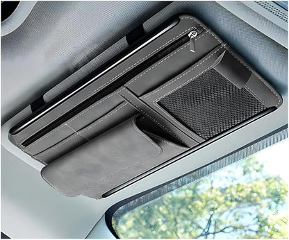 Yourkar Car Sun Visor Organizer, Soft Leather Surface Eyeglasses Note Card Holder Car Storage Bag, Scratch-Resistant Waterproof Auto Sunshade Organizer Bag, Car Accessories (Gray)