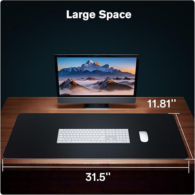 Leather Desk Mat Protector, Mouse Pad, Non-Slip PU Leather Desk Blotter, Suitable for Gamer, Office & Home - 31.5 x 11.8 in, Black