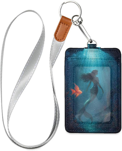 Badge Holder, Mermaid PU Leather School College Business ID Badge Card Holder Wallet Case with 1 Clear Window, 2 Credit Card Slots and Detachable Neck Lanyard - Vertical