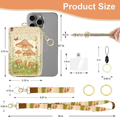 Lanyard Wallet with ID Badge Holder, PU Leather Credit Card Holder with Zipper Pocket Phone Lanyard Wrist Strap Small RFID Wallet Women Keychain Wristlet Teacher Doctor Office-Mushroom