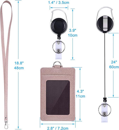 Wisdompro Retractable Badge Holder with Lanyard, Double Sided PU Leather ID Card Holder with Carabiner Badge Reel Clip and 18.8 inch Neck Lanyard - Rose Gold, Vertical