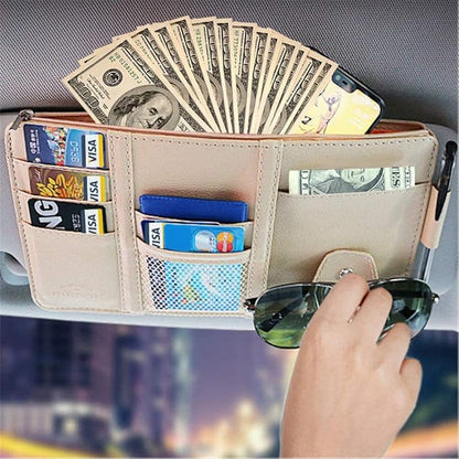 Car Sun Visor Organizer, Auto Car Interior Leather Accessories Storage Pocket Sun Visor Pouch Case Bag for Card License Registration Pen Mobile Phone Bill Note Key Document (Beige)