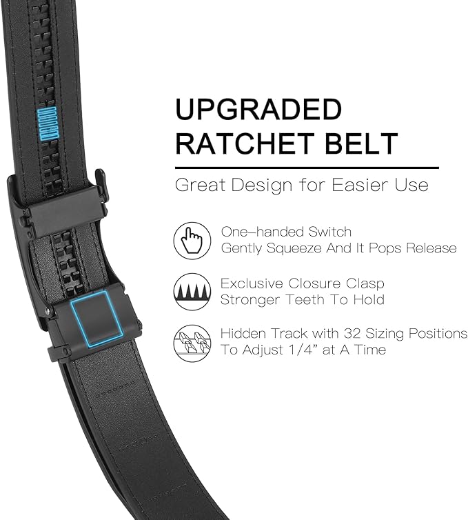 SENDEFN Men's Leather Belt Automatic Ratchet Buckle Slide Belt for Dress Casual Trim to Fit with Gift Box