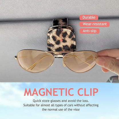 Sunglass Holder for Car Visor, Cheetah Leopard Magnet Sunglasses Holder for car Leather Sunglasses Holder and Ticket Card Clip Car Visor Accessories