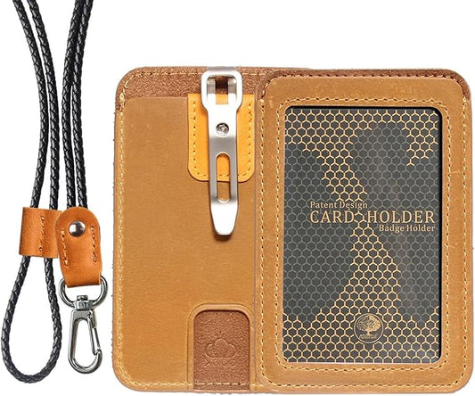 1 Pc LeeFirst Double Sided Leather ID Badge Holder with Leather Lanyard, ID Card Holder with Clip, Vertical Slim Design, 3 Card Slots for Nurse Teacher Student Office