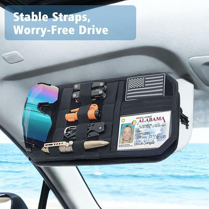Upgraded Molle Car Sun Visor Organizer, Semi-Rigid MOLLE Panel No Sagging with Zipper Storage Pouch & Glasses Clip, Heavy Duty Tactical Gear for Trucks SUVs Cars - Universal Fit