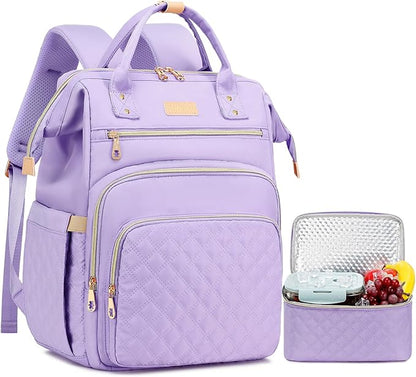Lunch Backpack, 15.6 inch Laptop Backpack with Insulated Lunch Bag, Backpack Cooler for Women, Large Travel Backpack Lunch Box Compartment, Work Computer Backpack, Teacher College Book Bag, Purple