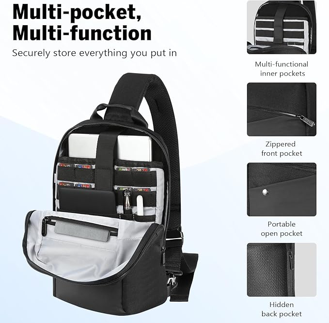 MoKo 9-11 inch Sling Bag Backpack for 11-inch iPad Pro M5/M4, iPadAir M3/M2, iPad A16, Compact EDC Daypack Crossbody Shoulder Bag Travel Carrying Case for Switch 2/OLED/Steam Deck/Rog Ally X, Black
