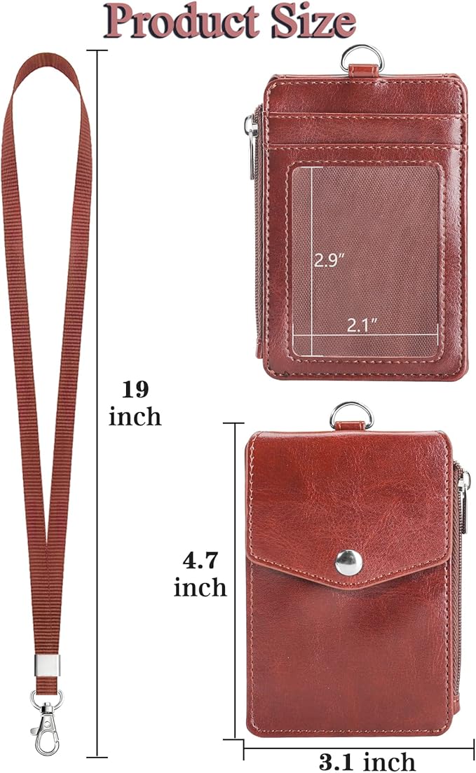 Teskyer Badge Holder with Side Zip Pocket, Multiple Card Slots Leather ID Holder Wallet with Neck Lanyard for Office Staffs, Teachers/Students, Couriers, Workers, Brown