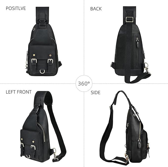 Genuine Leather Hiking Travel DayPack Sling Crossbody Triangle Chest Pack Bag For Men Women 8241 (Dark Black 258204)
