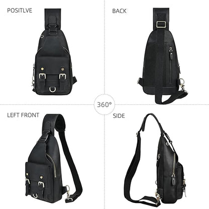 Genuine Leather Hiking Travel DayPack Sling Crossbody Triangle Chest Pack Bag For Men Women 8241 (Dark Black 258204)