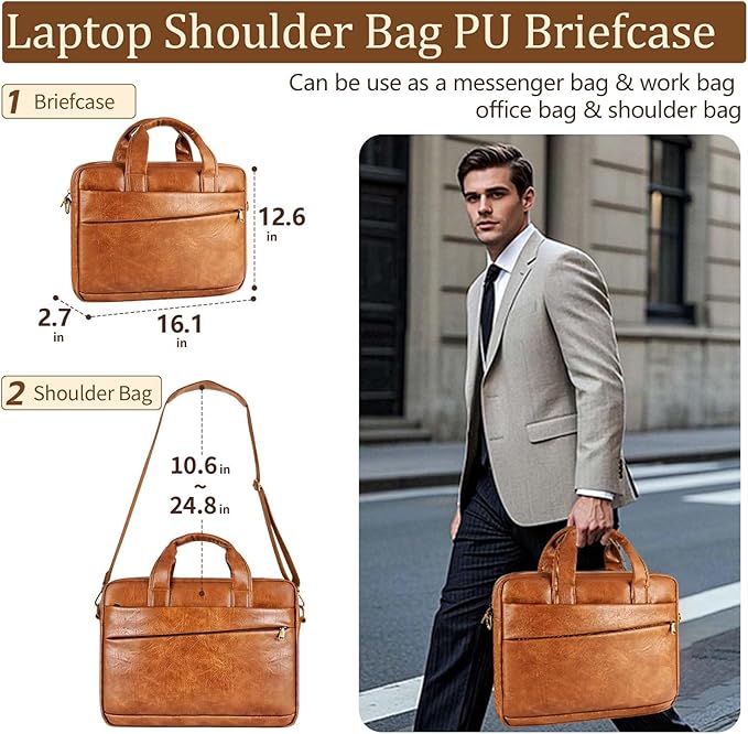 Faux Leather Messenger Bag for Men 15.6 Inch: Laptop Bag Briefcase Computer Handbags Shoulder Crossbody Bag with Padded Laptop Sleeve for Work College Travel, PU Brown
