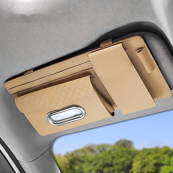 ZIMISI Leather Car Visor Organizer, Sun Visor Storage Bag, Car Tissue Holder, Multi-Pocket Document Holder, Vehicle Travel Accessories for Pen, License, Cards, Sunglasses, Tissues (Khaki)