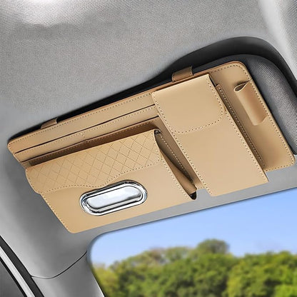 ZIMISI Leather Car Visor Organizer, Sun Visor Storage Bag, Car Tissue Holder, Multi-Pocket Document Holder, Vehicle Travel Accessories for Pen, License, Cards, Sunglasses, Tissues (Khaki)
