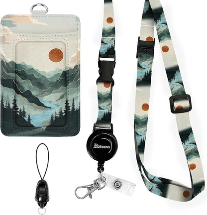bolimoss Mountain Lanyards for ID Badges, Landscape PU Leather Badge Holder with Detachable Neck Lanyard Strap, Adjustable Retractable Badge Holder with Swivel Metal Clasp, Name Tag Holder for Teacher