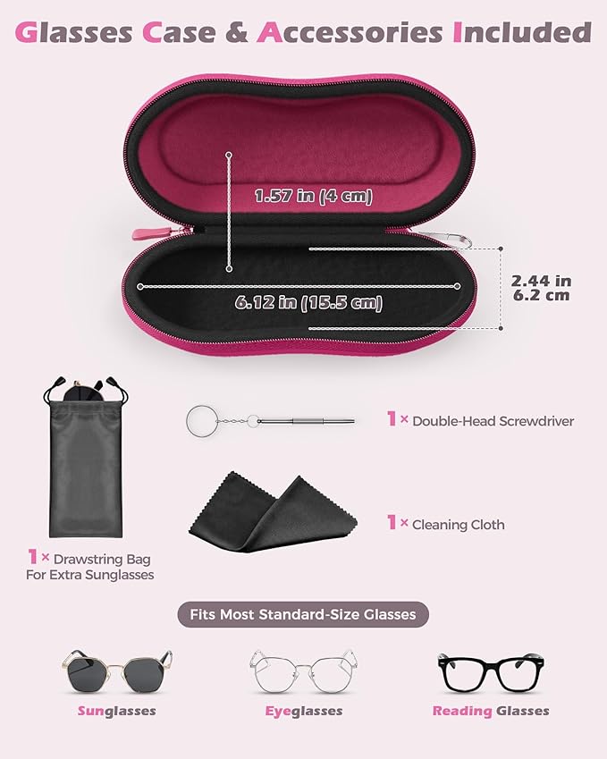 ProCase Sunglasses Case, Hard EVA Shell Shockproof Eyeglass Case for Men Women with Metal Hanging Hook and Velvet Lining, Travel Zipper Sport Glasses Holder Organizer for Gifts- Raspberry