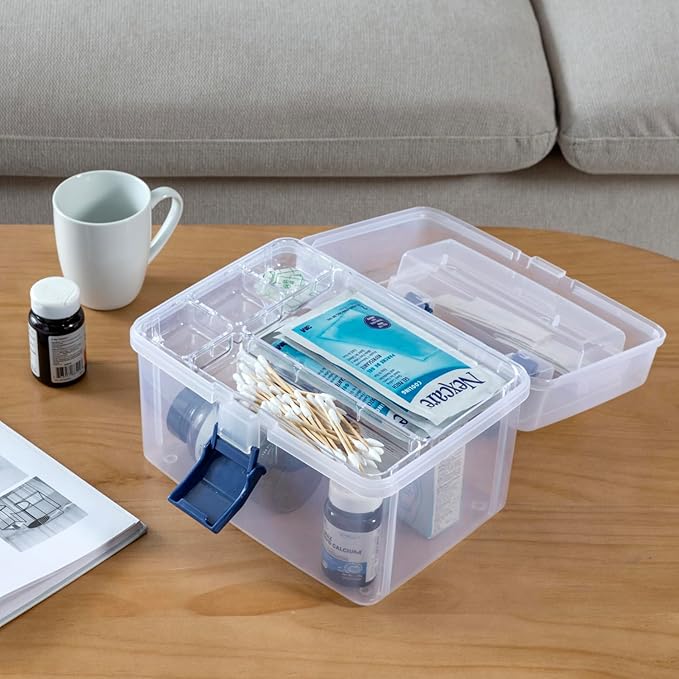 MyGift 10 Inch First Aid Clear Bin with Detachable Tray and Blue Quick Access Top Lid Flap, Portable Emergency Kit, Medical Supply Travel Tote, Medicine Storage Box Container (Navy)
