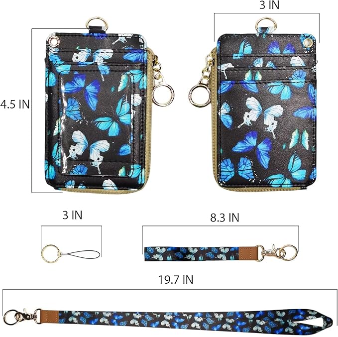 bolimoss Butterfly Badge Holder with Zipper Pocket, Cute Women Lanyard for ID Badge,Pu Leather ID Badge Holder with Wristle Lanyard Keychain for Teacher,Student, Worker,Nurer