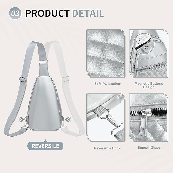 Crossbody Bags for Women Men,Leather Sling Bag Cross Body Backpack for Women, Casual Chest Bag Daypack for Travel Hiking, Silver