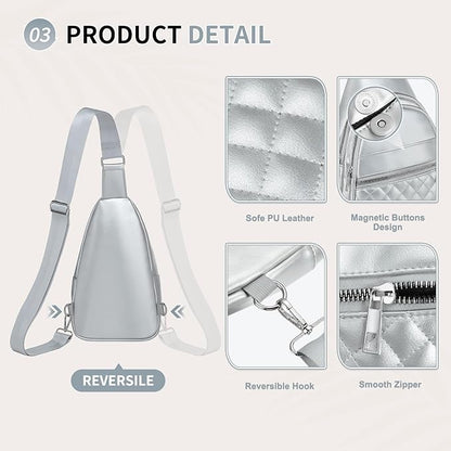 Crossbody Bags for Women Men,Leather Sling Bag Cross Body Backpack for Women, Casual Chest Bag Daypack for Travel Hiking, Silver
