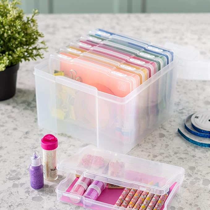 IRIS USA 5" x 7" |Made in USA| Photo Organizers and Picture Storage Box with Handle, 6 Inner Cases/Containers for Tasks, Stickers, Ephemera, & Flashcards - Clear