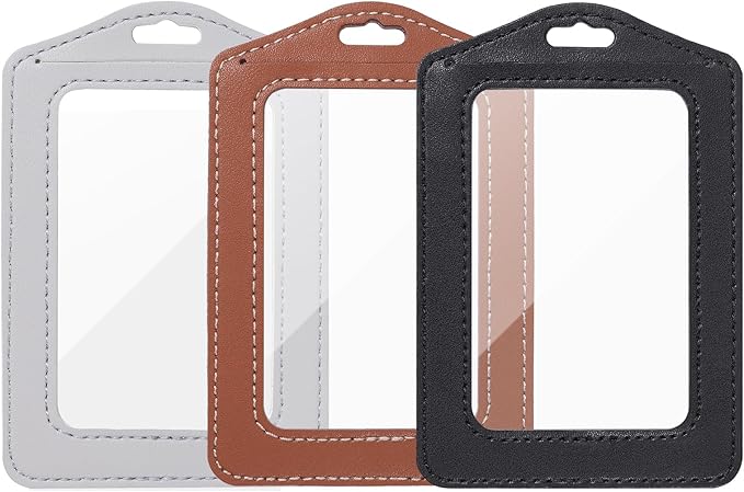3 Pcs Vertical Leather Badge Holders, Black/Brown/Gray ID Holder for Lanyard, Waterproof Clear Card Holder for School ID Office ID, ID Protector for Women,Men
