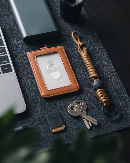VULKIT ID Badge Holder with Lanyard for Women and Men Vertical Leather Badge Holder with Clear ID Window Card Holder Slot and Money Pocket Brown