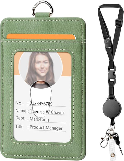 Leather Badge Holder and Adjustable Retractable Lanyards, Quick Release Buckle and Safety Breakaway Lanyards with Swivel Metal Clasp for Offices, Staff, Students, Employees