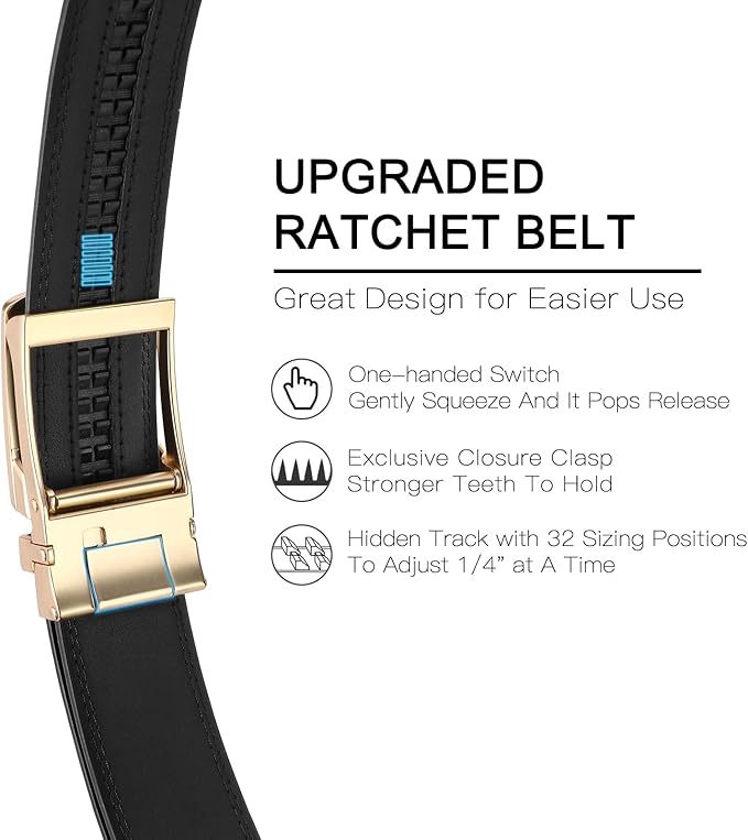 GAEKEAO Ratchet Belt for Men Genuine Leather 1 3/8" - Micro-Adjust Buckle Trim to Fit Dress Belt Casual to Formal Gift Boxed