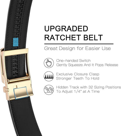 GAEKEAO Ratchet Belt for Men Genuine Leather 1 3/8" - Micro-Adjust Buckle Trim to Fit Dress Belt Casual to Formal Gift Boxed
