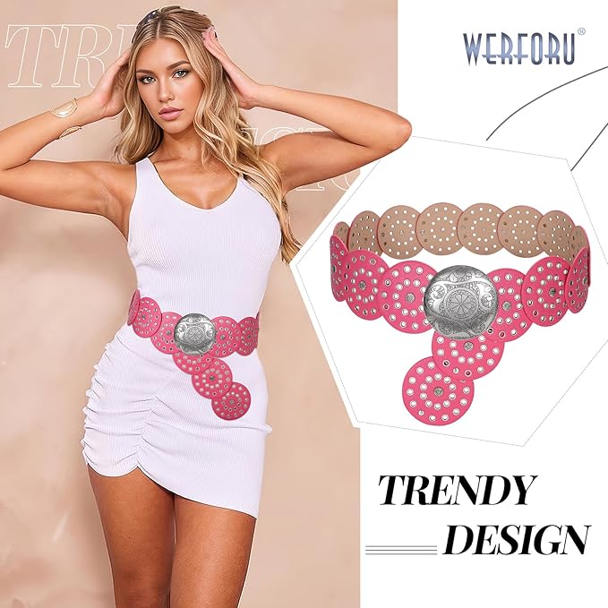 WERFORU Women Vintage Leather Belt Western Disc Waist Belts Ladies Western Belt Boho Belt for Dress Jean-