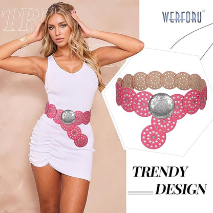 WERFORU Women Vintage Leather Belt Western Disc Waist Belts Ladies Western Belt Boho Belt for Dress Jean-