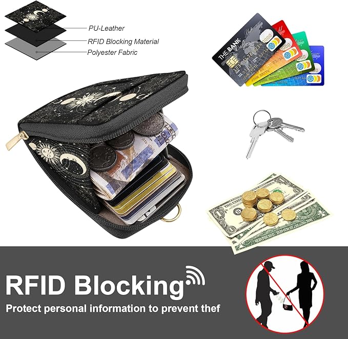 PU Leather Lanyard Wallet with ID Badge Holder with 1 Zip Pocket and 3 Card Slots Keychain Phone Lanyard Wrist Strap, RFID Blocking, for Office School Business-Sun and Moon