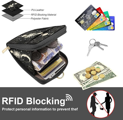 PU Leather Lanyard Wallet with ID Badge Holder with 1 Zip Pocket and 3 Card Slots Keychain Phone Lanyard Wrist Strap, RFID Blocking, for Office School Business-Sun and Moon