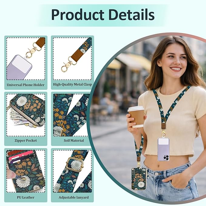 Weeds Lanyards for ID Badges, PU Leather Lanyard Wallet, RFID Blocking, ID Badge Holder with Zipper Pocket Detachable Phone Lanyard Keychain Wristlet for Teacher Nurse Office