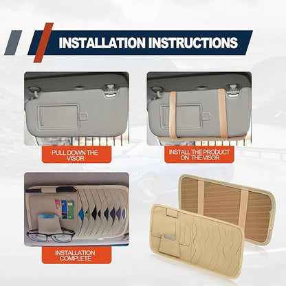 Car Sun Visor Organizer, Car CD Case Holder, Universal Car Eyeglasses Holder Clip with Storage Pockets, for Storing Sunglasses Card Pen Invoice, Beige, Cream-yellow