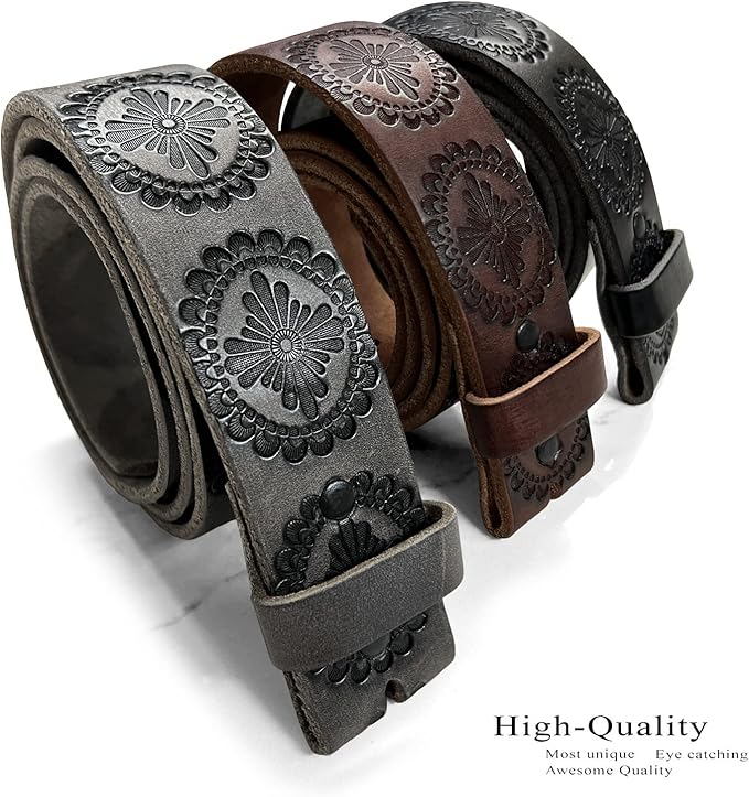Cowboy Cowgirl Western Tooled Floral Embossed Full Grain Genuine Leather Belt Strap 1-1/2"(38mm) Wide
