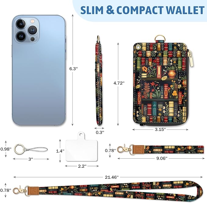 Piefly Plant Book Shelf Lanyard Wallet with ID Badge Holder, Floral Small RFID Wallet Women Keychain Wristlet, Slim Credit Card Holder with Zipper Pocket Phone Lanyard Wrist Strap Office Teacher Gift