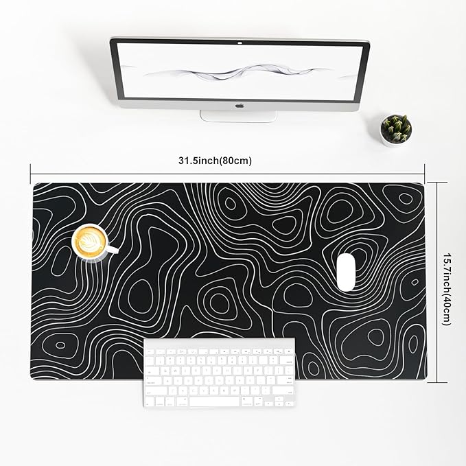Colorful Star Large Mouse Pad, Black Topographic Desk Mat Office Supplies, Waterproof Faux Leather Big Gaming Mousepad, Black Topography Map Desk Pad Home Office Décor Accessories 31.5" x 15.7"