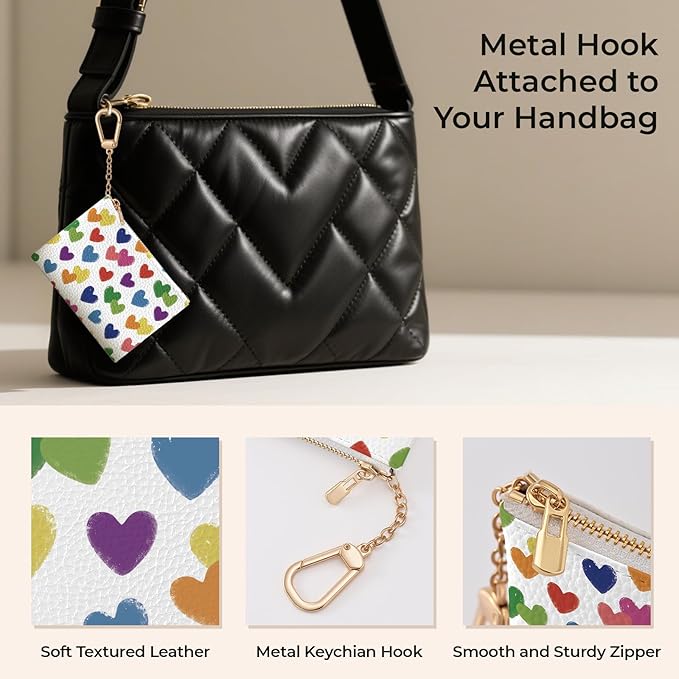 Love Hearts Keychain Coin Purse for Women, Small PU Leather Change Pouch, Zipper Little Tiny Travel Wallet for Girls, Cute Kawaii Zip Pocket Coin Holder with Key Ring