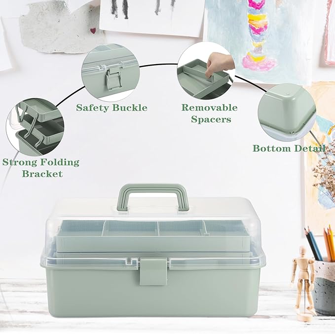 Tackle Box, 16-Inch Extra Large Art Storage Box with 3-Layer Folding Trays, Multipurpose Craft Organizers and Storage w/ Adjustable Dividers, Portable Tool Box for Sewing Supplies,Medicine &Cosmetics