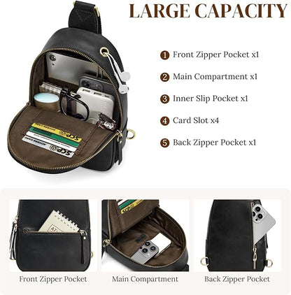 S-ZONE Leather Sling Bags for Women Men, Fanny Packs, Small Crossbody Purse Chest Bag with RFID Blocking