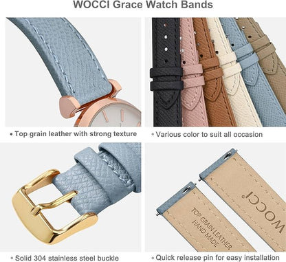 WOCCI 14mm Grace Watch Band for Ladies, Top Grain Leather, Quick Release Replacement Strap with Gold Buckle (Mist Blue)
