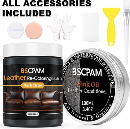 12oz Leather Recoloring Balm & 3.4oz Mink Oil Leather Conditioner kit,Dark Gray Leather Color Repair Kits for Couches, Leather Couch Paint Scratch Repair for Furniture Car Sofa Shoes Leather Dye