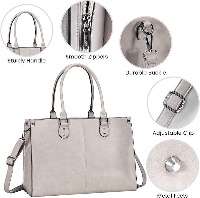 LOVEVOOK Laptop Tote Bag for Women, 15.6 Inch Large Capacity Vintage Leather Work Computer Bag, Business Casual Shoulder Handbag, Smoke Gray