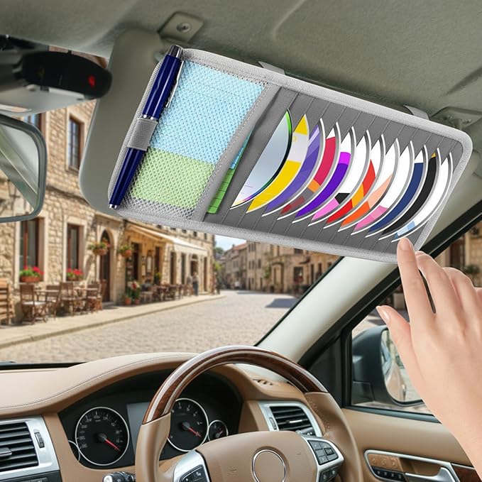 salbsever Cd Car Holder, Large Capacity CD Visor Holders for Car DVD Storage Case with 12 Disc Sleeves 1 Mesh Pocket 1 Pen Holder and Elastic Band Grey