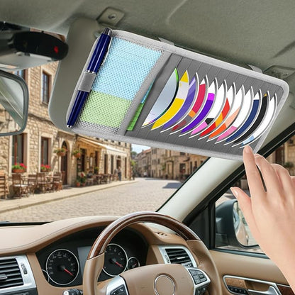 salbsever Cd Car Holder, Large Capacity CD Visor Holders for Car DVD Storage Case with 12 Disc Sleeves 1 Mesh Pocket 1 Pen Holder and Elastic Band Grey