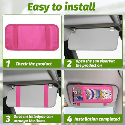 Car CD & DVD Holder - Large Capacity CD Visor Case, Vehicle Visor Storage Organizer with 12 Disc Sleeves, 1 Mesh Pocket 1 Pen Holder and & Elastic Band (Pink)