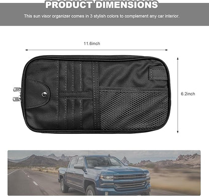 Car Sun Visor Organizer, Multi-Purpose Visor Storage Holder with Elastic Bands & Glasses Clip, Multi-Pocket Sunshade Organizer Soft Leather Storage Pouch for Car Truck SUV (Black)