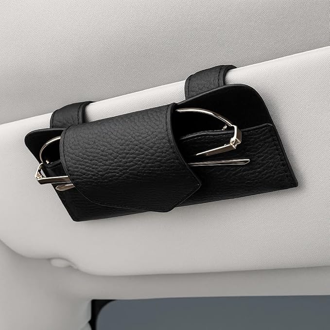 Sunglass Holder for Car Visor, Leather Vehicle Eyeglass Sun Visor Hanger Case with Hidden Magnetic Closure, Automotive Glasses Storage Organizer, Universal for SUV RV Truck (Black)